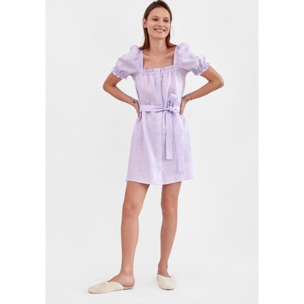 Sleeper Brigitte linen button puff sleeve mini dress lavander small